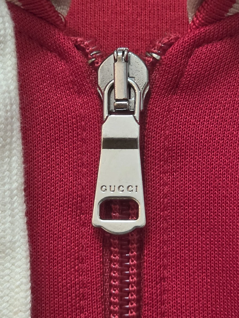 Gucci Red and Cream Logo-Trim Bomber Hoodie